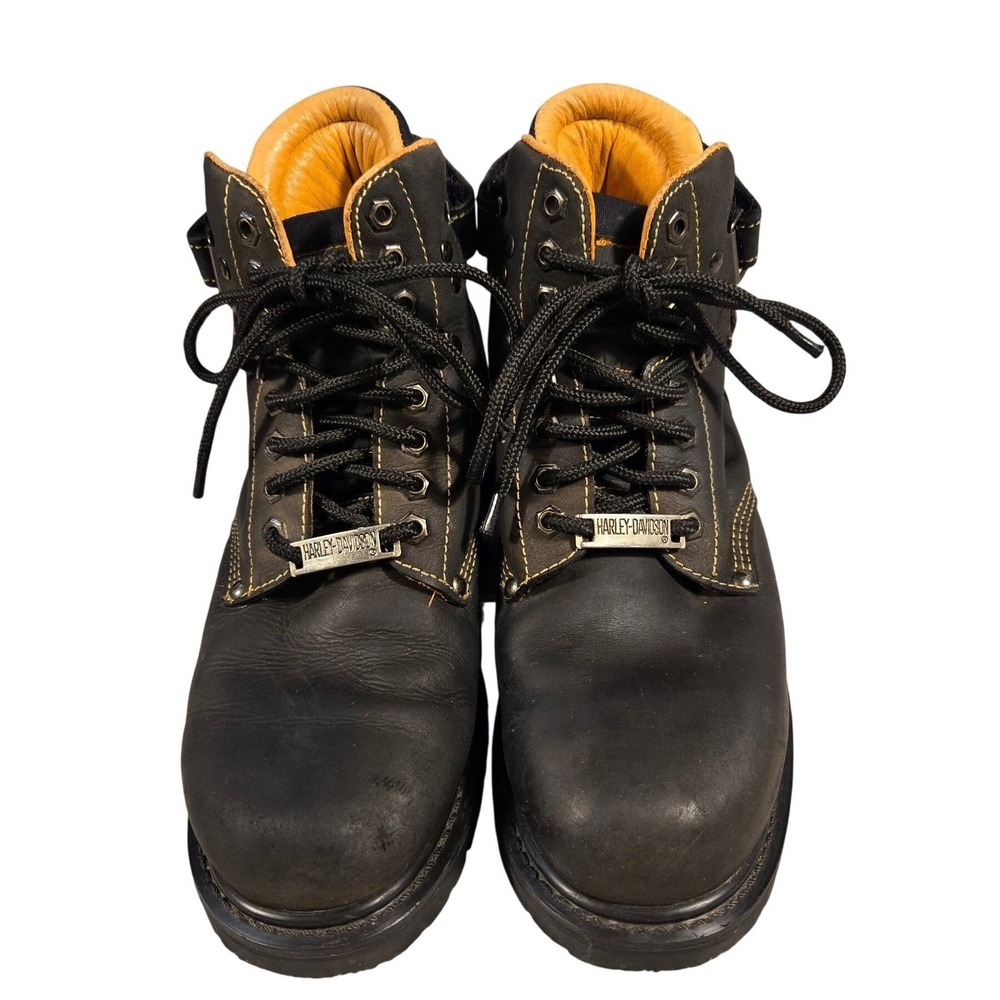 Harley Davidson‎ Mens Black Leather Biker Motorcycle Boots Lug Sole Orange Trim